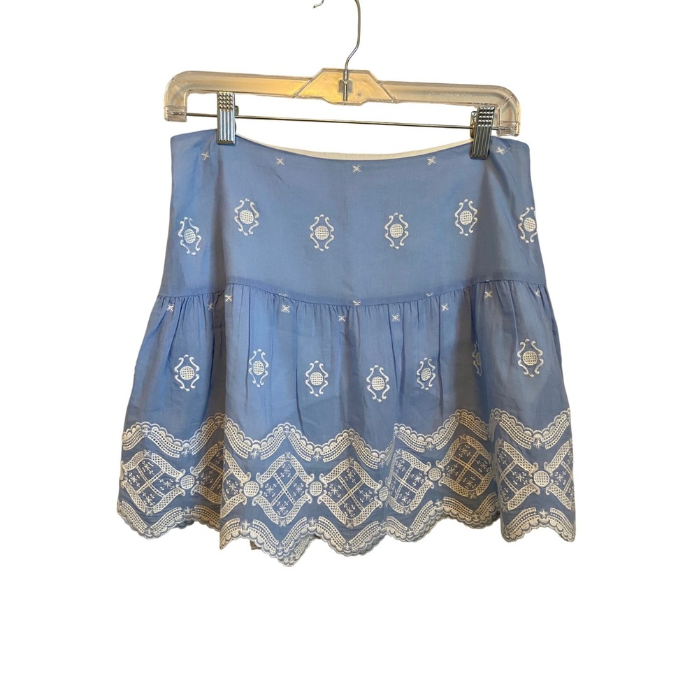 Tibi Light Blue Cotton Silk Eyelet Embroidered Scalloped Mini Skirt Size 2